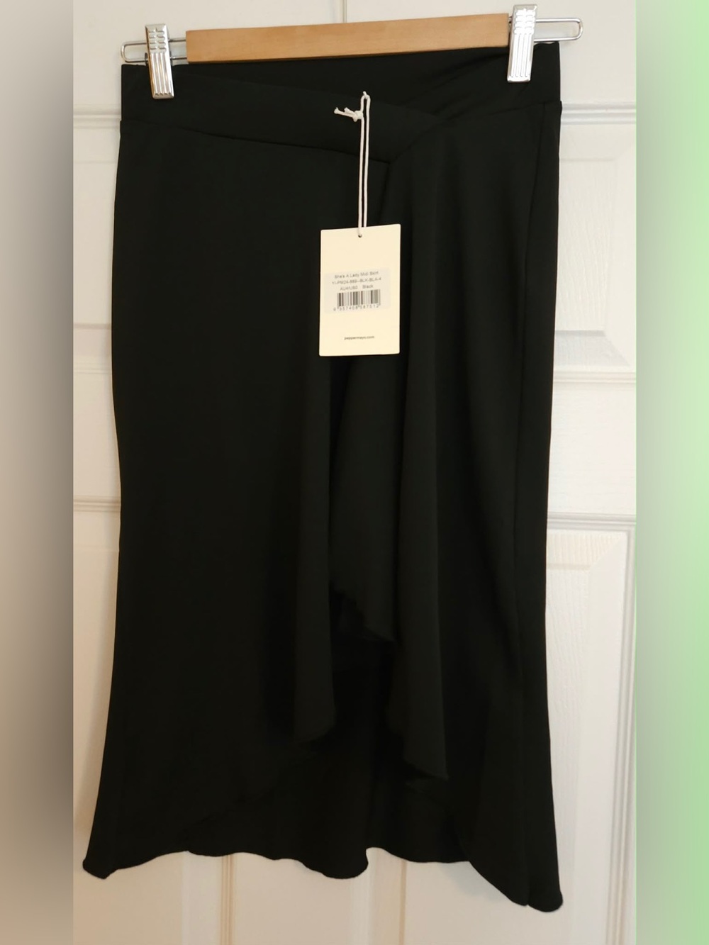 NWT PEPPER MAYO Black Women's Midi Skirt with Front Draped Detail